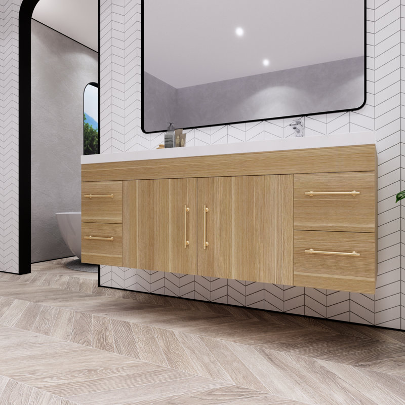 59.06'' Single Bathroom Vanity with Acrylic Top, Champagne Oak