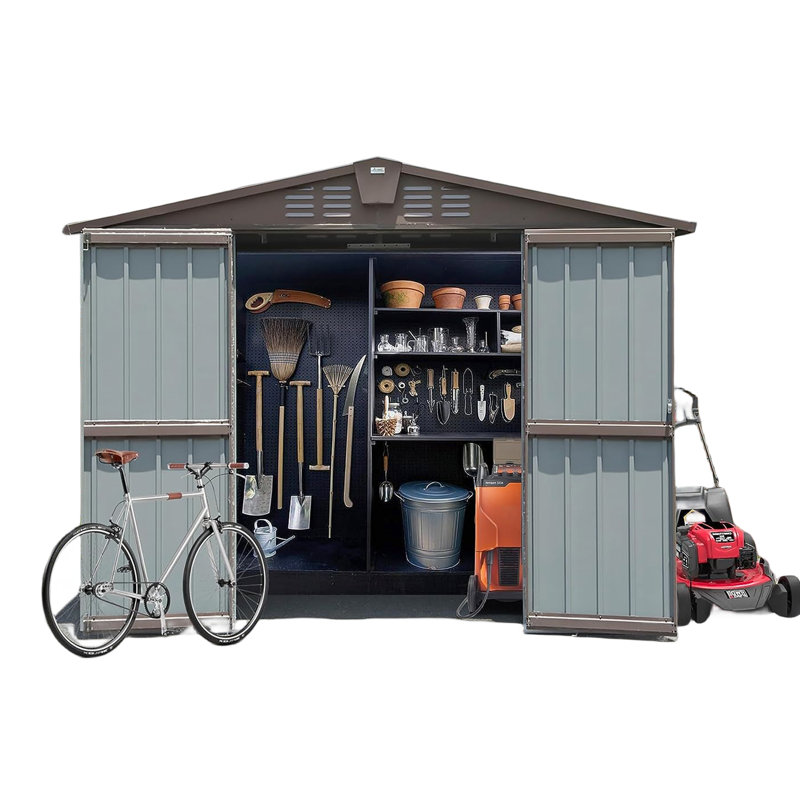 Remise de rangement extérieure en métal 8,2 pi x 6,2 pi - Portes de jardin à double verrouillage, évents, rouille, acier brun pour portes de patio