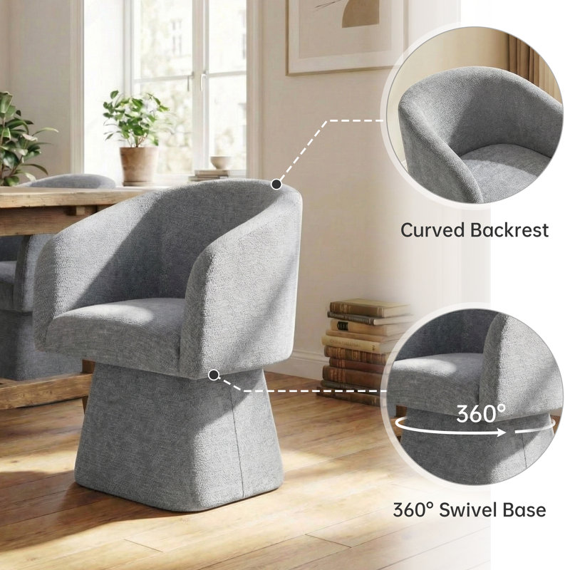 Swivel Barrel Accent Chair, Soft Chenille-Textured Fabric, 360° Swivel, Deep Cushioned Seat without Pillow, Light Gray