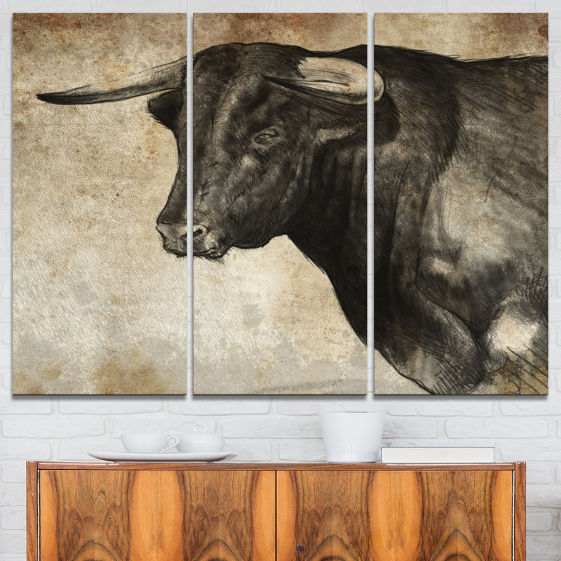 « espagnol bull sketch », ensemble de 3 reproductions d’art sur toiles tendues