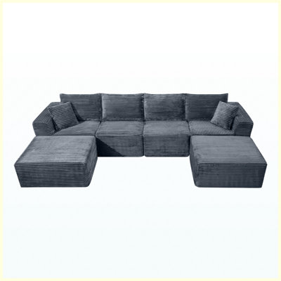 Corduroy Upholstered Modular Sectional Sofa with Throw Pillows Red