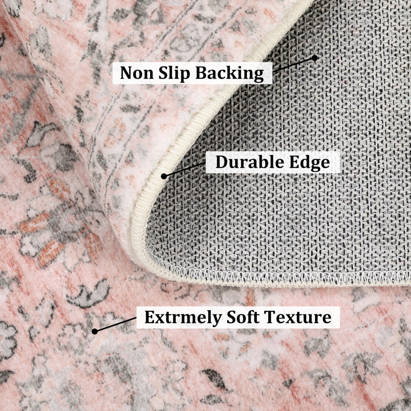 Area Rugs 5x7 Machine Washable Rug for Living Room Non Slip Backing Floor Carpet Vintage Floral Rug for Bedroom Dining Room Nursery Room Office Pink