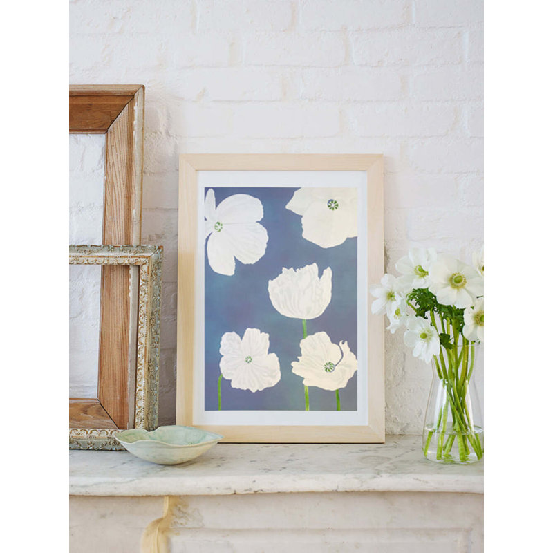White Poppies On Moody Blue Print, 19" H x 13" W