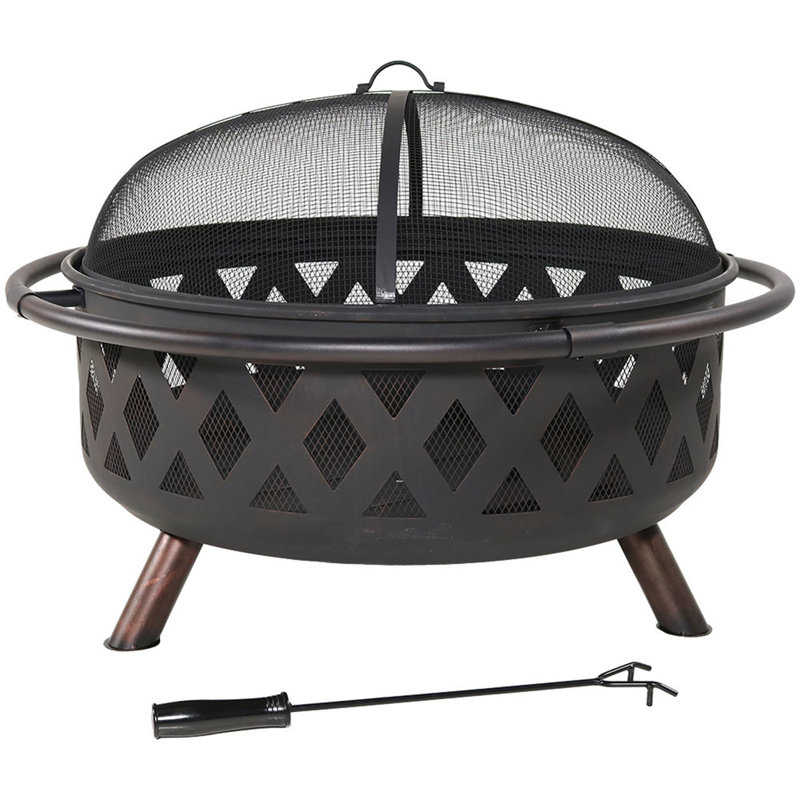 Jahidul Crossweave Round Wood-Burning Steel Outdoor Fire Pit with Screen, Black, 24" H x 36" W x 36" D