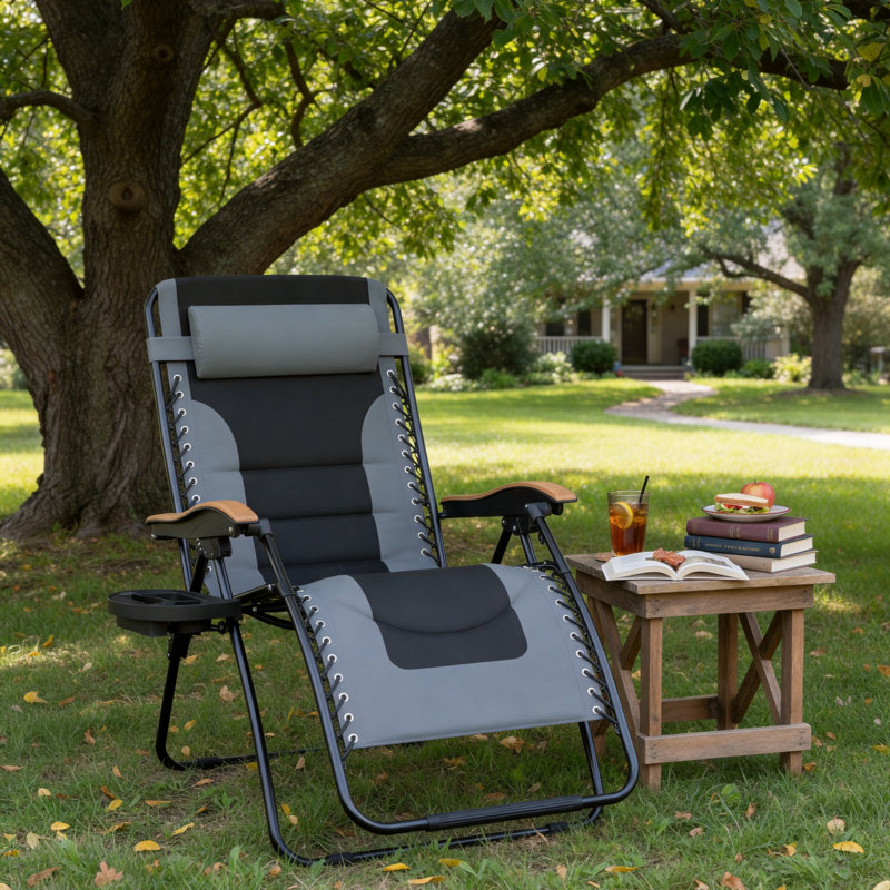 Très grand fauteuil inclinable noir épaissi à gravité zéro, siège élargi de 30,2 pouces, pliable avec porte-gobelet, capacité de charge de 400 lb, convient aux loisirs de plein air.