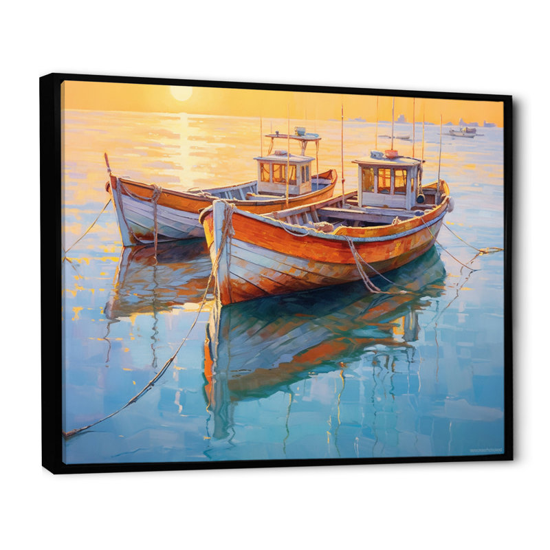 Deux bateaux dans le port III, reproduction d'art sur toile, Cadre flottant noir, H 24 po x l 32 po x P 1 po
