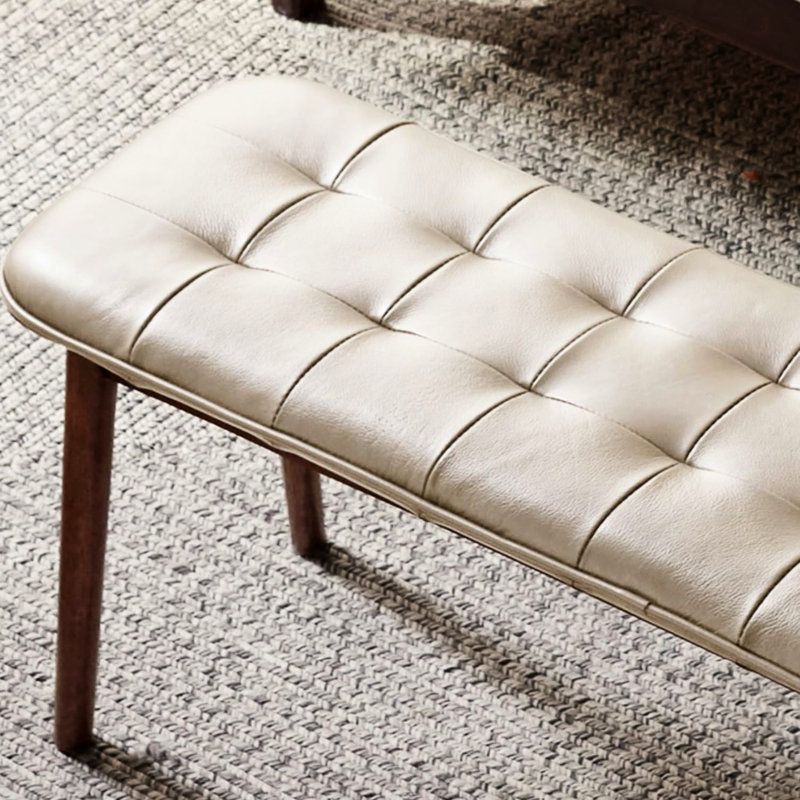 Solid Oak Wood Dining Bench Upholstered In Leather, Imported First Layer Cowhide, Soft Sponge Filling, Multifunctional For Home, 12" Wide, 17.5" High, Easy Assembly Oval - Shaped Chair Bench, Leather
