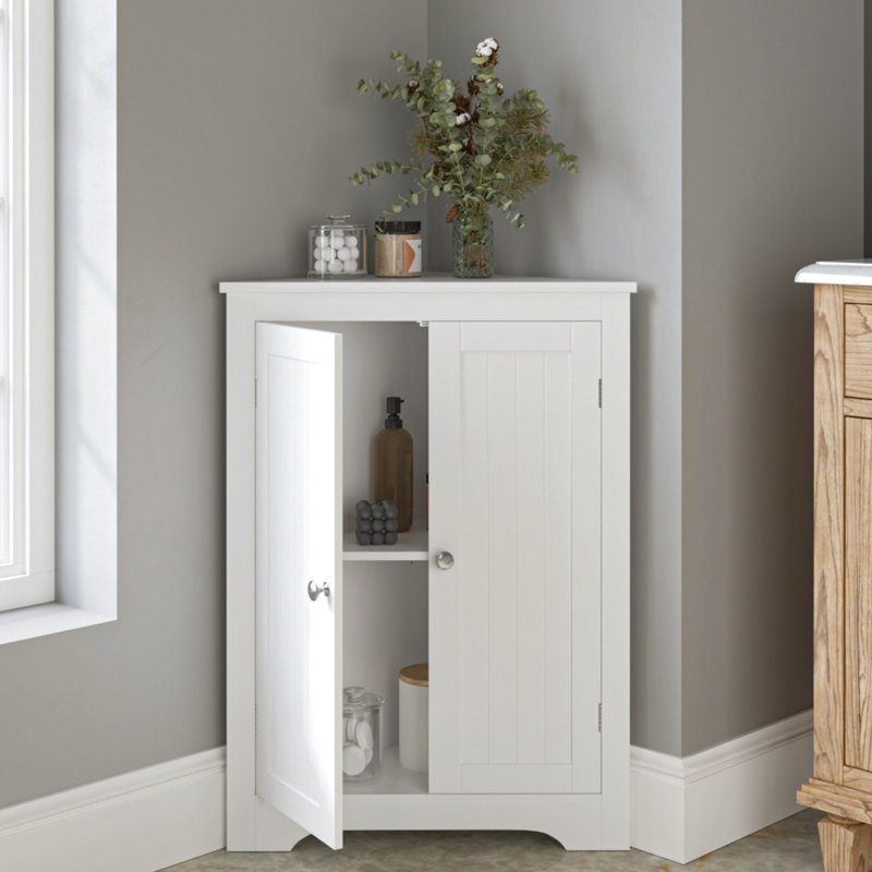 White Corner Storage Cabinet With Adjustable Shelf And 2 Doors - For Bathroom, Kitchen, Living Room Tempting Option Freestanding Ideal For Organization