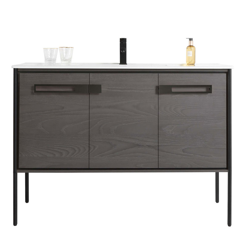 48" Single Bathroom Vanity, Matte Black, Black Coal Oak