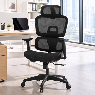 Fauteuil ergonomique en filet, chaise de bureau à haut dossier avec appui-tête, accoudoirs réglables, verrou d'inclinaison à 90-125 ° et coussin large, chaise de travail noire pour la chambre d'étude