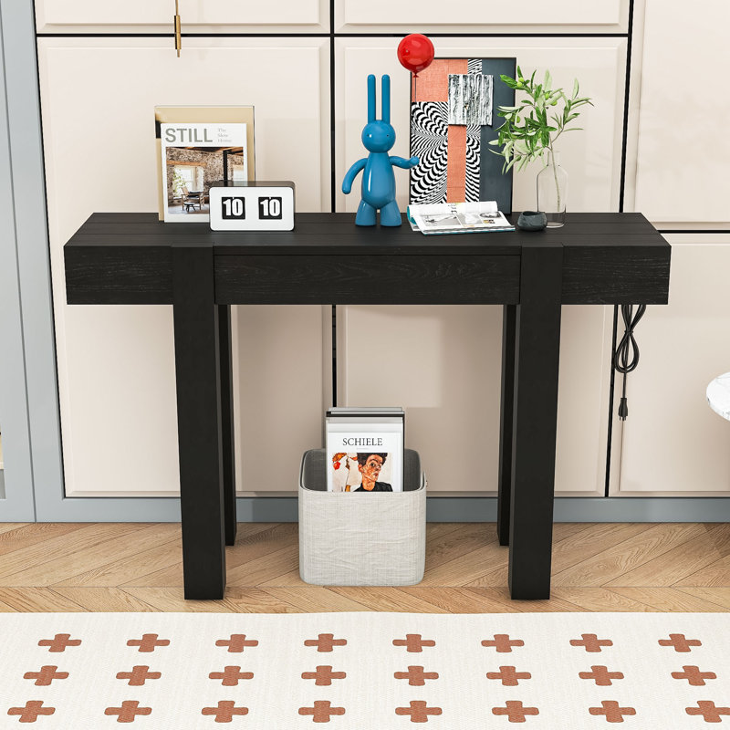 Console rustique minimaliste avec patins réglables, tiroir et prises de courant latérales, Noir