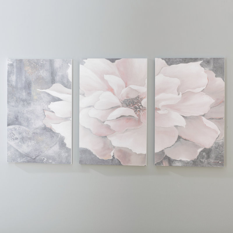 Pivoine rose pastel sur gris - ensemble de 3 impressions sur bois