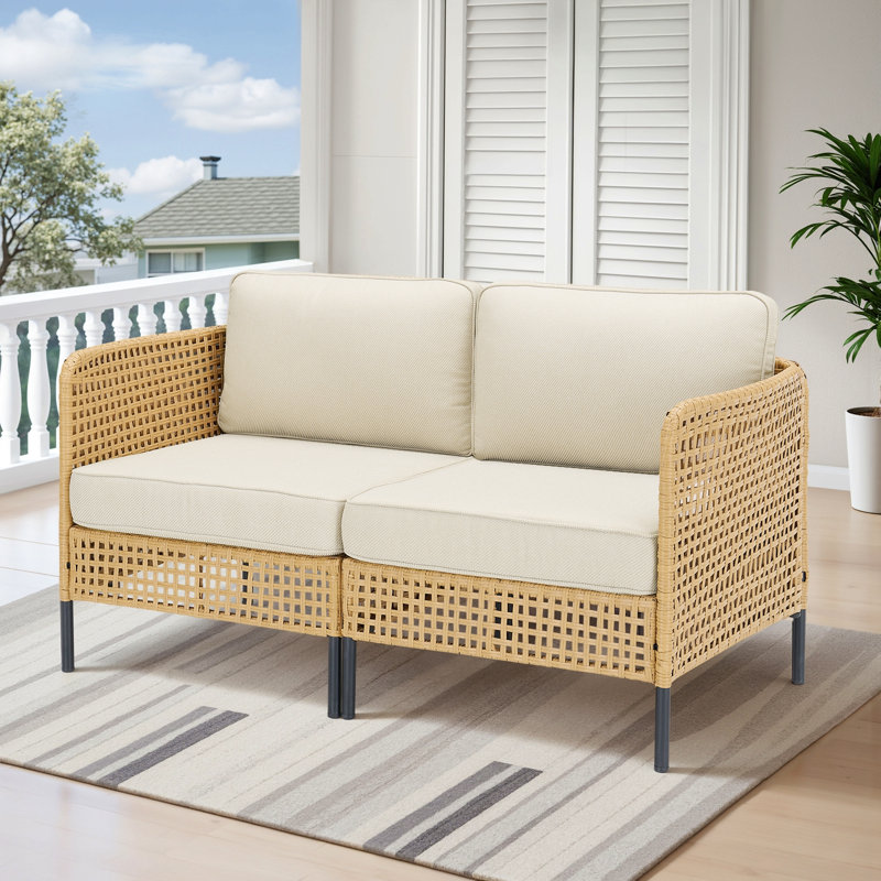 Outdoor Natural Wicker Sofa Boho Patio Sectional Loveseat Furniture Set With Beige Csuhions For Patio