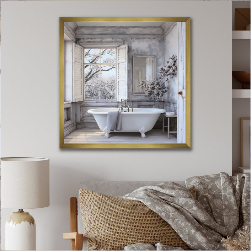 Farmhouse Bathroom Charm II - impressions sur toile blanchisserie, H 30 po x l 30 po, Cadre photo unique, Doré