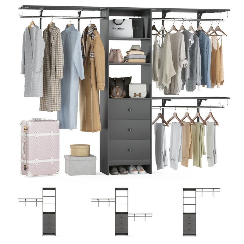 Organisateur de garde-robe - Portemanteaux à grande capacité avec 3 tiroirs, Gris