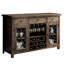Buffet rustique en noyer massif (1 pièce) avec éléments métalliques, porte-verres suspendu et porte-bouteilles, style transitionnel.
