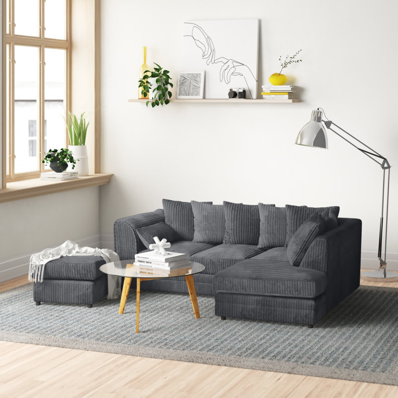 Moana 3 - Piece Upholstered Corner Sofa Chaise with Ottoman, Charcoal, Right Hand Facing