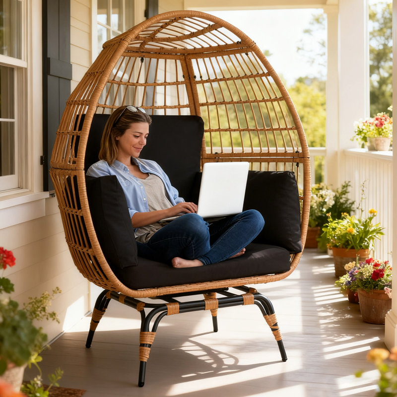 Extra Large 360° Swivel Egg Chair, All-Weather HDPE Rattan with 4 Cushions, 463 lbs Capacity for Indoor Outdoor Use