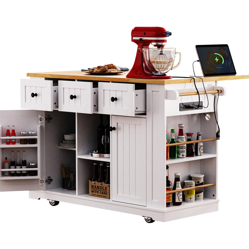 53Inch Kitchen Island Cart With Internal Storage, Power Outlet, Drop Leaf, 5, White 50 W Supply, 5 Wheels,, White