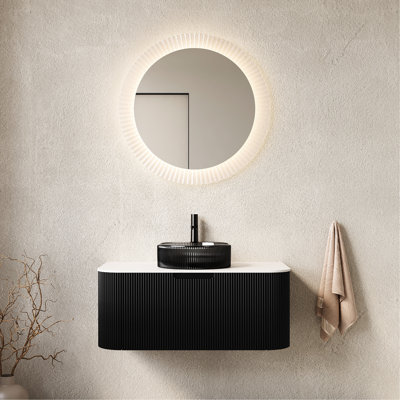 36" Wall - Mounted Bathroom Vanity With Transparent Black Glass Basin, 3d Striped Drawer System, Cabinet, Pre Assembled In 36", Mounted, Crystal Drawer,