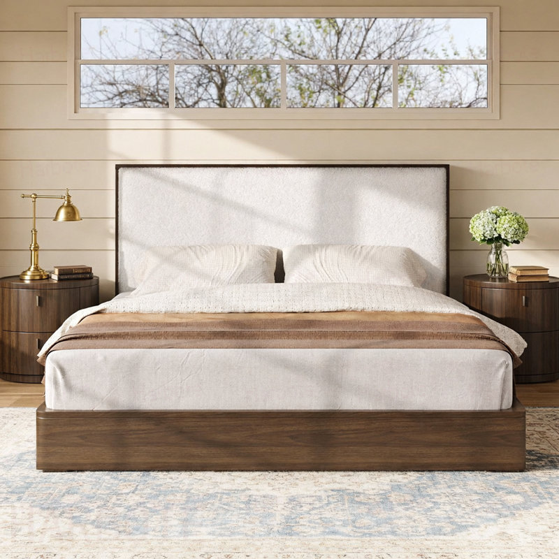 Structure de lit plateforme en bois massif avec tête de lit tapissier Boucle, aucun sommier tapissier nécessaire, Grand lit