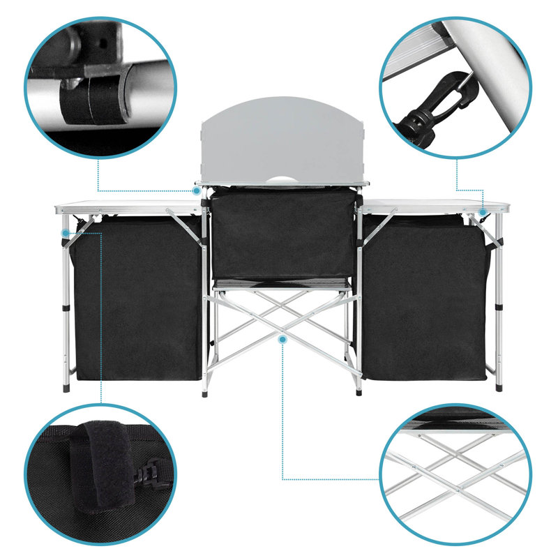 Aluminum Portable Camping Kitchen Table with Windscreen and Storage