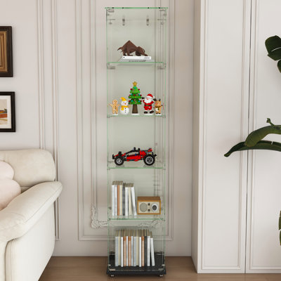 Premium 4-Tier Glass Display Case With 5 Dynamic LED Modes, Single Door Tempered Glass Bookshelf For Collectibles & Decor, Floor Standing Display Cabinet For Home & Office, Easy Assembly, Sideboard