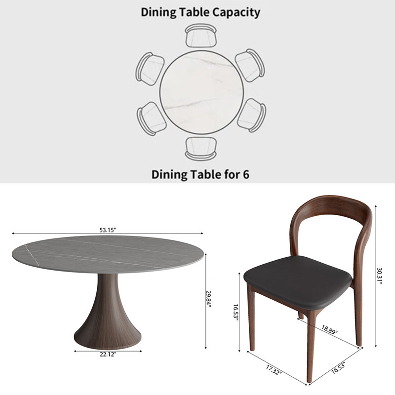 Ensemble de table de salle à manger Mid-Century, H 29,52 po x L 53,15 po x l 53,15 po, 7