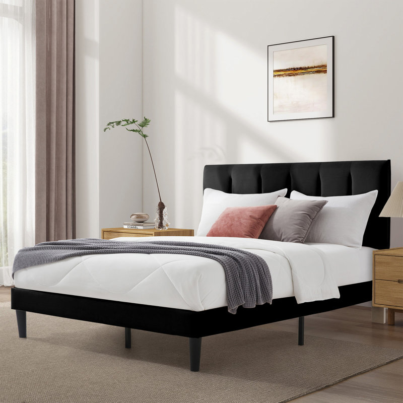  Luxurious Upholstered Bed Frame with Cushioned Headboard, Black, King
