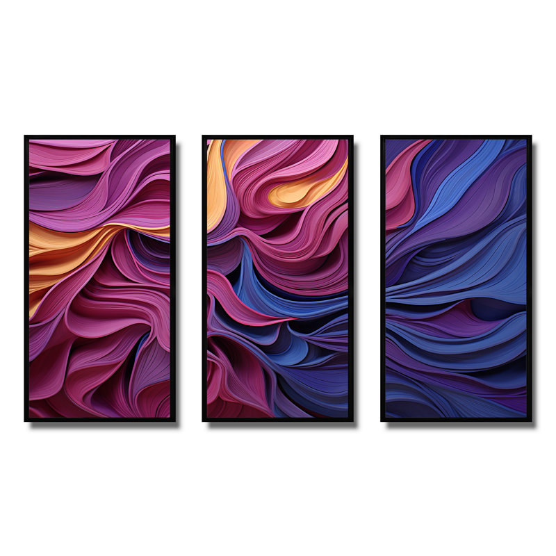 Art mural géométrique bleu et mauve, H 28 po x l 36 po x P 1 po, Cadre flottant noir