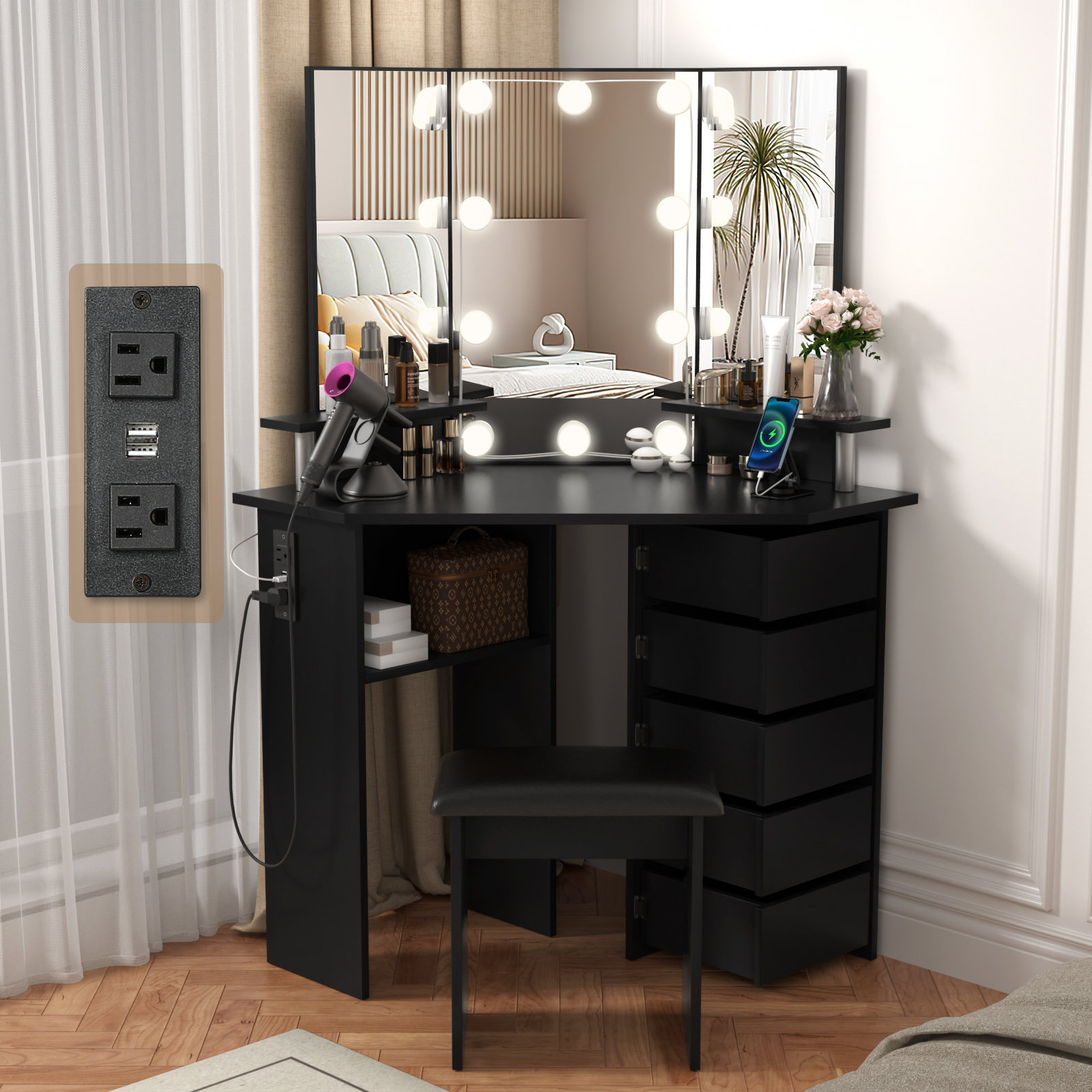 Raychell Vanity with 5 Rotating Drawers and Outlets