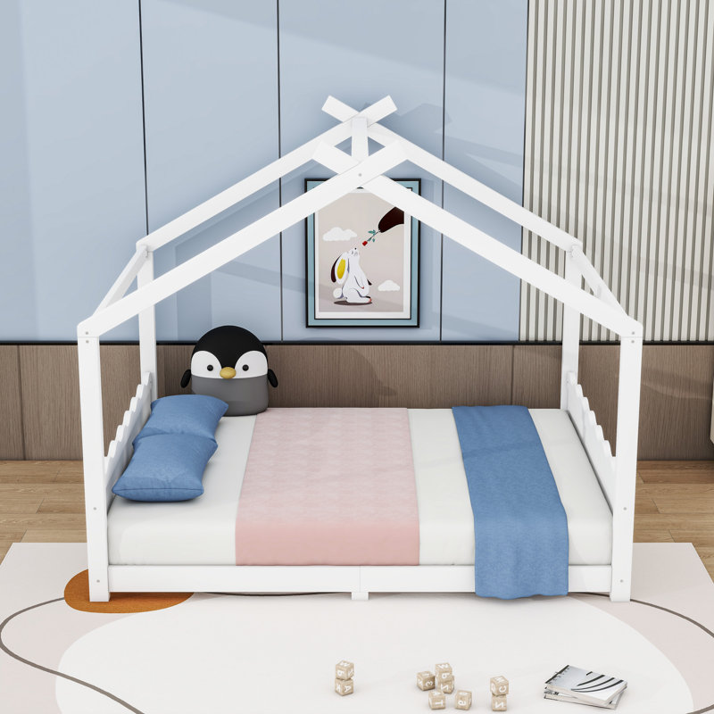 Wood House Floor Bed With Slats, White, Queen