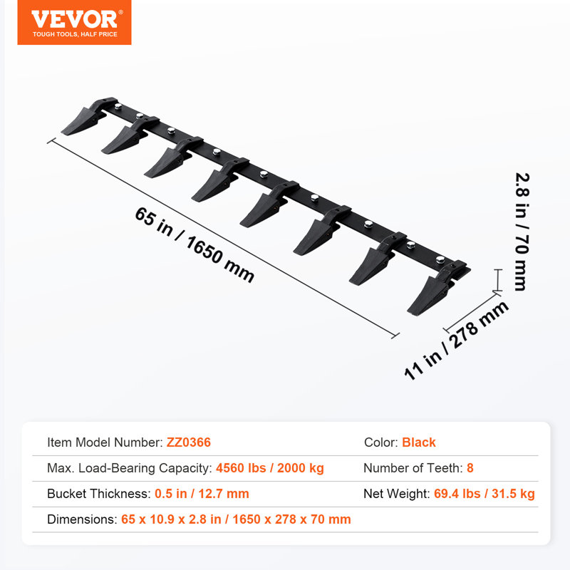 VEVOR Heavy Duty Tractor Bucket Tooth Bar, 4560 lbs Load-Bearing Capacity, Bolt On, 8 Teeth