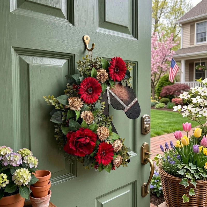 Couronne de cheval 17,7 "avec gerbera rouge et fleurs en bois pour décor de ferme