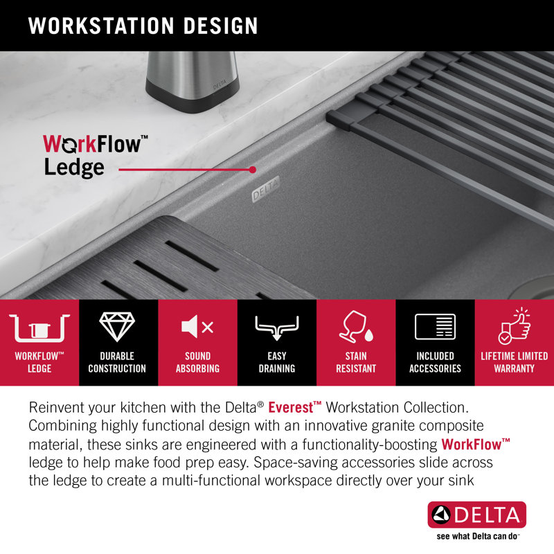 Dark Gray Granite Composite Workstation Kitchen Sink with Workflow Ledge