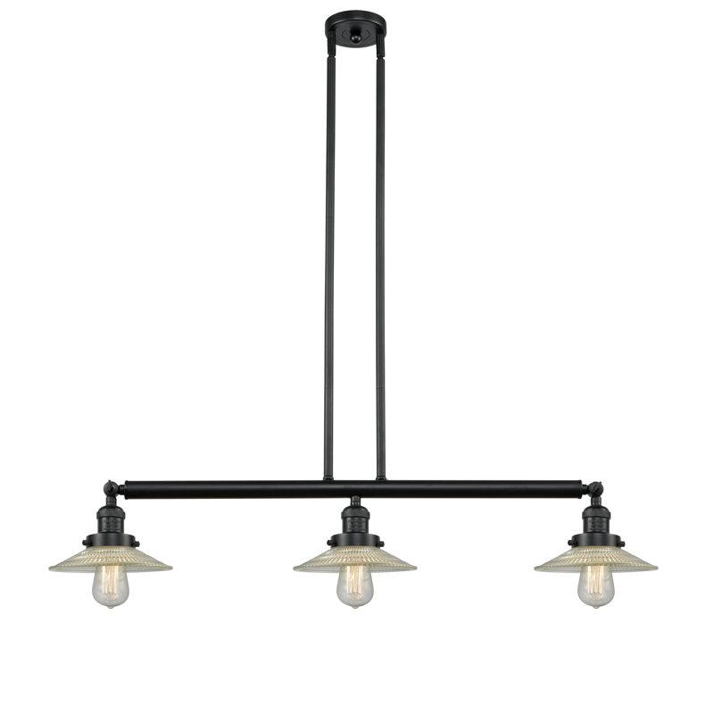 Luminaire suspendu linéaire à 3 lumières pour îlot de cuisine Miramontes, Noir mat, Halophane transparent, DEL