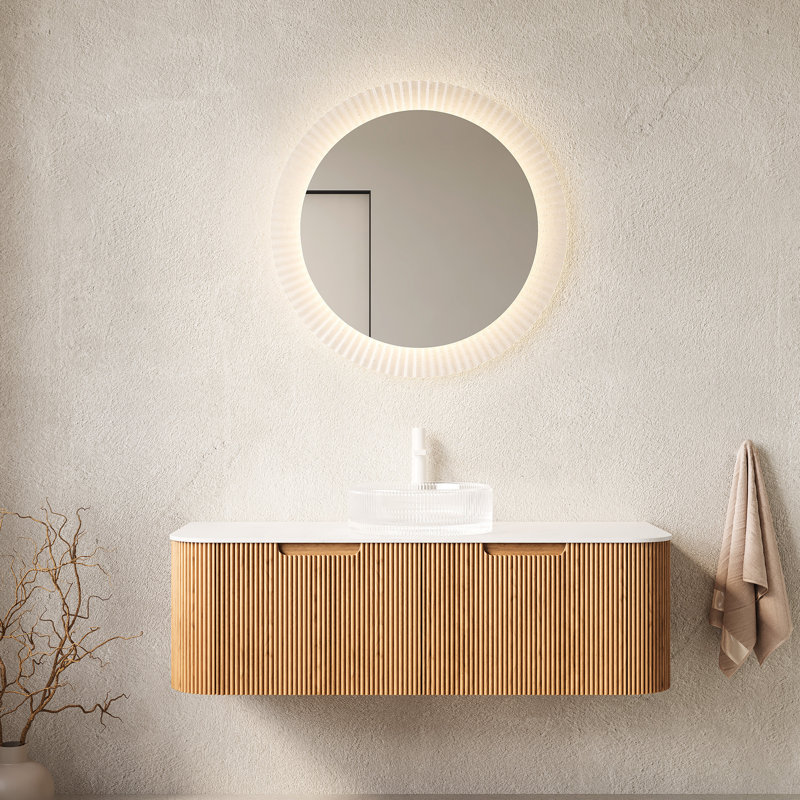 Meuble-lavabo de salle de bain de 122 cm (48 po) avec lavabo rond transparent, contreplaqué, 2 tiroirs, grand espace de rangement, verre cristal blanc flottant, préassemblé