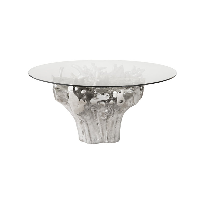 Silver Leaf Finish Round Glass Dining Table with Root Base