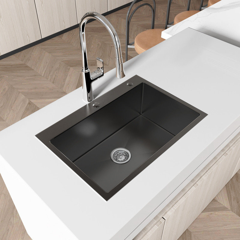 27"×19" Black Single Bowl Kitchen Sink, 304 Stainless Steel Overmount Handmade Sink, Sound Absorbing Design with US Standard Drain, Rounded Corner for Kitchen Use