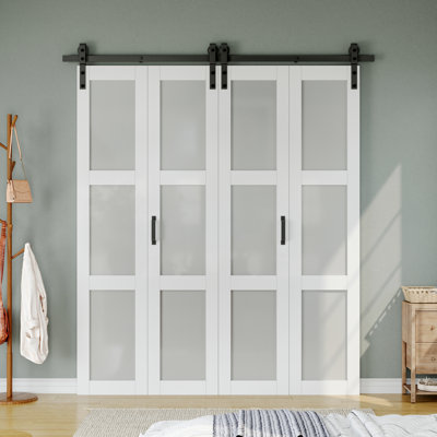 84"H 3-Lite Double Bifold Barn Door, Manufactured Wood Interior Closet Door with Frosted Glass Panels and Installation Hardware Kit