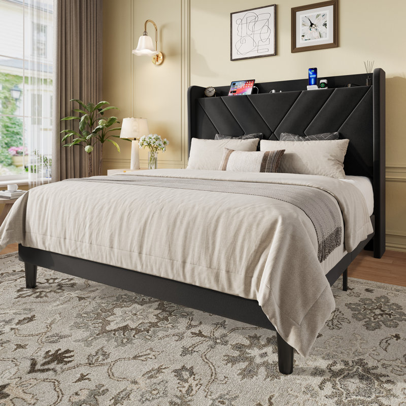 Upholstered Velvet Bed Frame With Storage Headboard And Charging Station, Black, Full