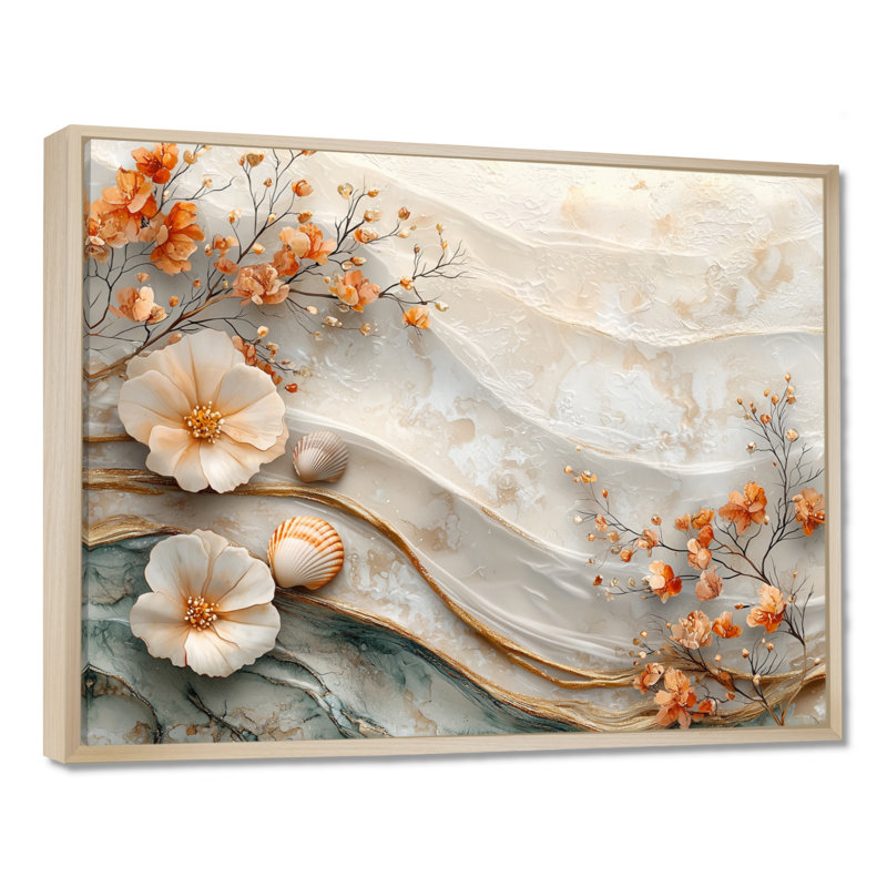 Coquillage blanc et paysage de plage marbrée I - art mural côtier pour le salon, H 30 po x l 40 po, Cadre flottant, Naturel