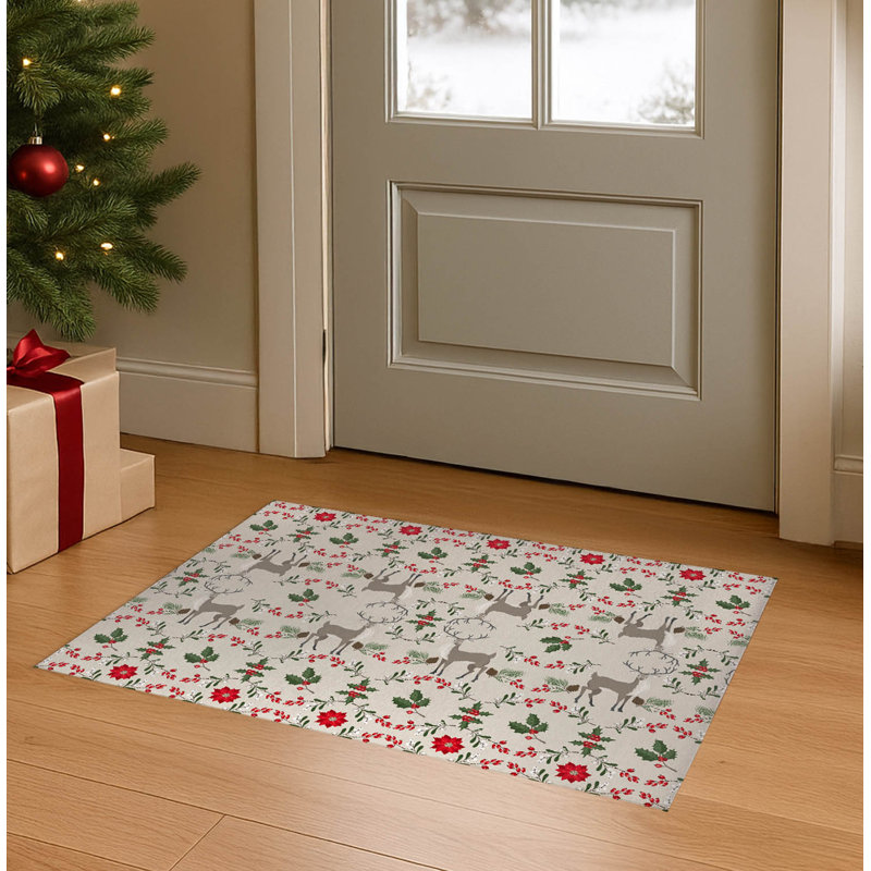Botanical Deer Seasonal Indoor Doormat, 36" W x 60" L, Ivory