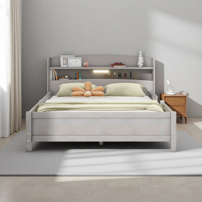 Lit plateforme en bois avec éclairage à DEL intégré, tête de lit avec rangement et garde-corps