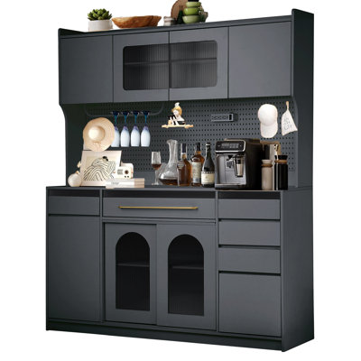 63" Wide Freestanding Kitchen Pantry With Hutch, Farmhouse Large Buffet Sideboard Cabinet With Microwave Shelf And Power Outlet, by howcoolmall