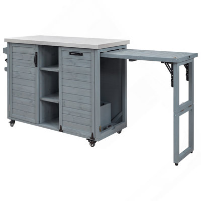 78.3" Outdoor Kitchen Island With Foldable Grill Table, Wooden Outdoor Grill Cart With Trash Can Storage And Stainless Steel Top, Outdoor Bar Cart, Pizza Oven Table For Lawn And Garden, Grey Blue