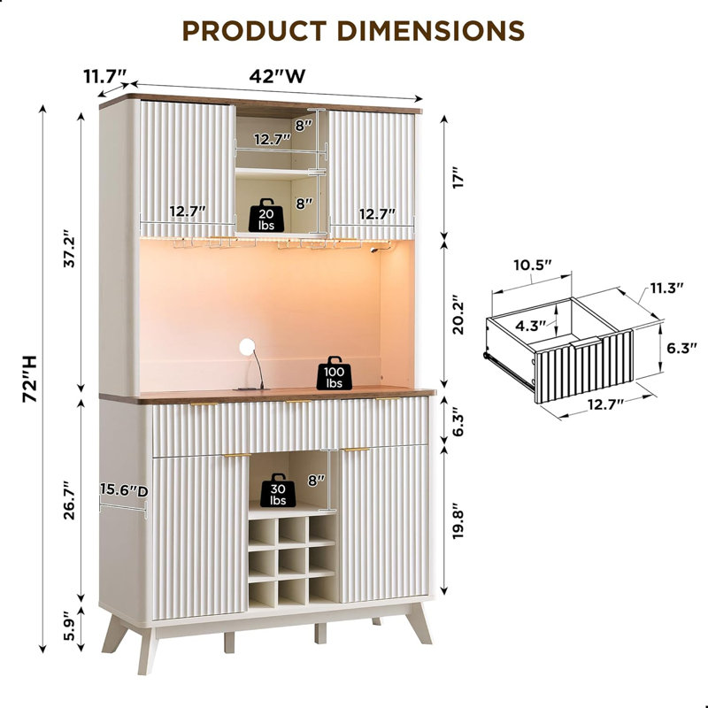 Bar 72 "avec lumières DEL, porte-bouteilles et armoires, Blanc