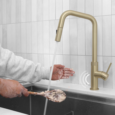 Robinet de cuisine à un trou à poignée simple avec douchette extractible en or brossé