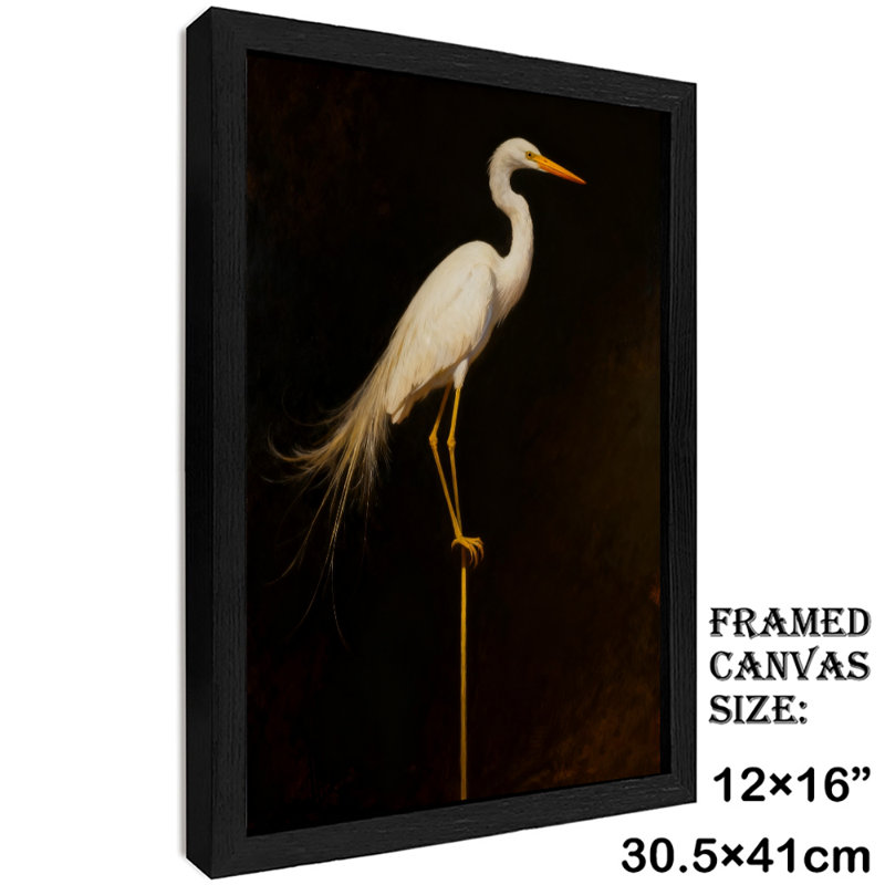 Aigrette blanche rétro encadrée noire - élégance et beauté naturelle, impressions murales de style rétro, H 17 po x l 13 po