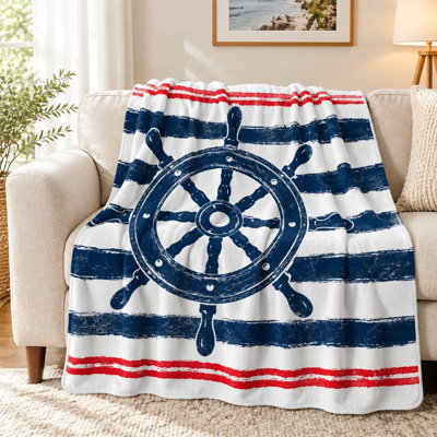 1Pcs Nautical Ship Wheel Fleece Blanket – Navy Blue and White Stripes;Single-Sided PrintCozy Warm ThrowDecorative Home Accent for Living Room or BedroomPerfect Theme EnthusiastsIdeal Couch Bedding. Bedding sofa it